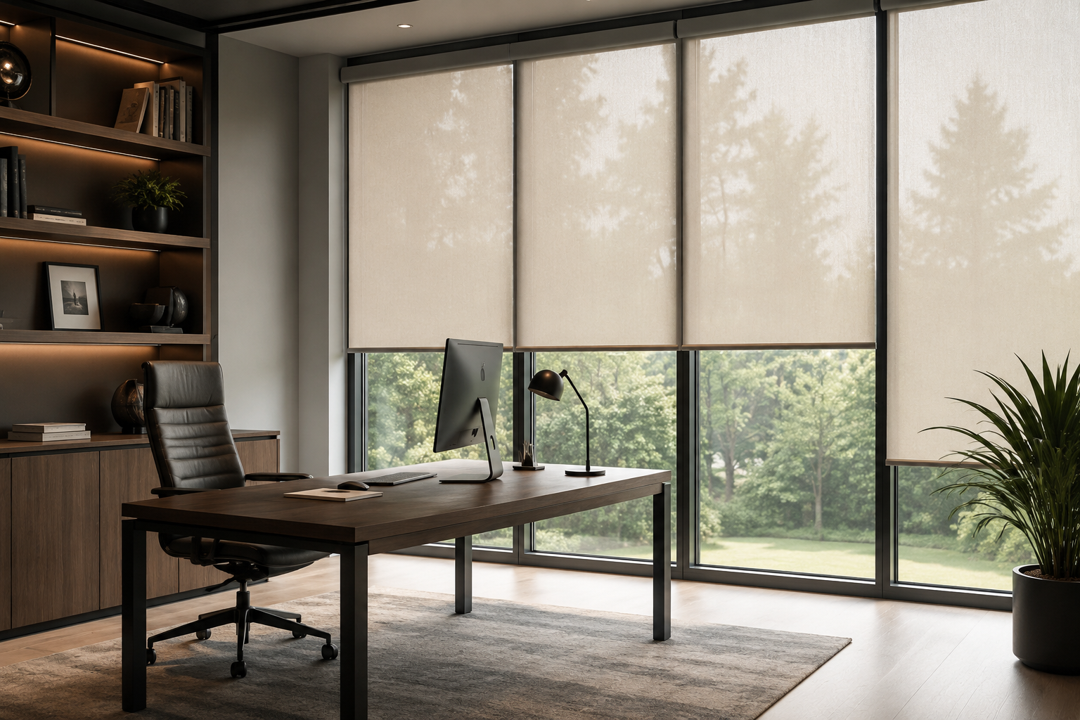 Modern home office with custom roller shades installed on floor-to-ceiling windows