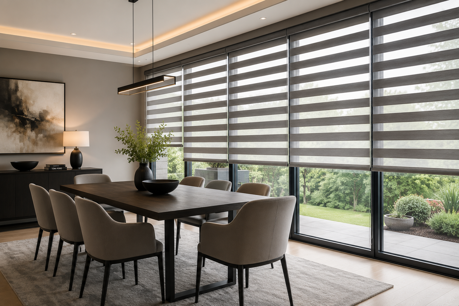 Modern dining room with custom zebra blinds installed on floor-to-ceiling windows