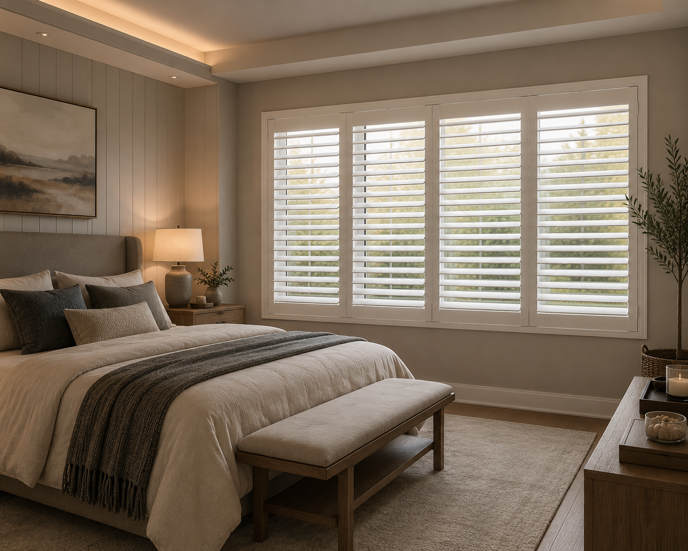 Cozy bedroom with custom California shutters installed on a large window