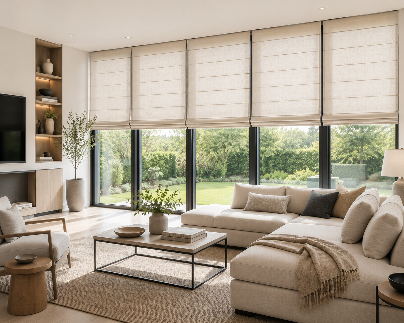Bright living room with custom roman shades installed on floor-to-ceiling windows