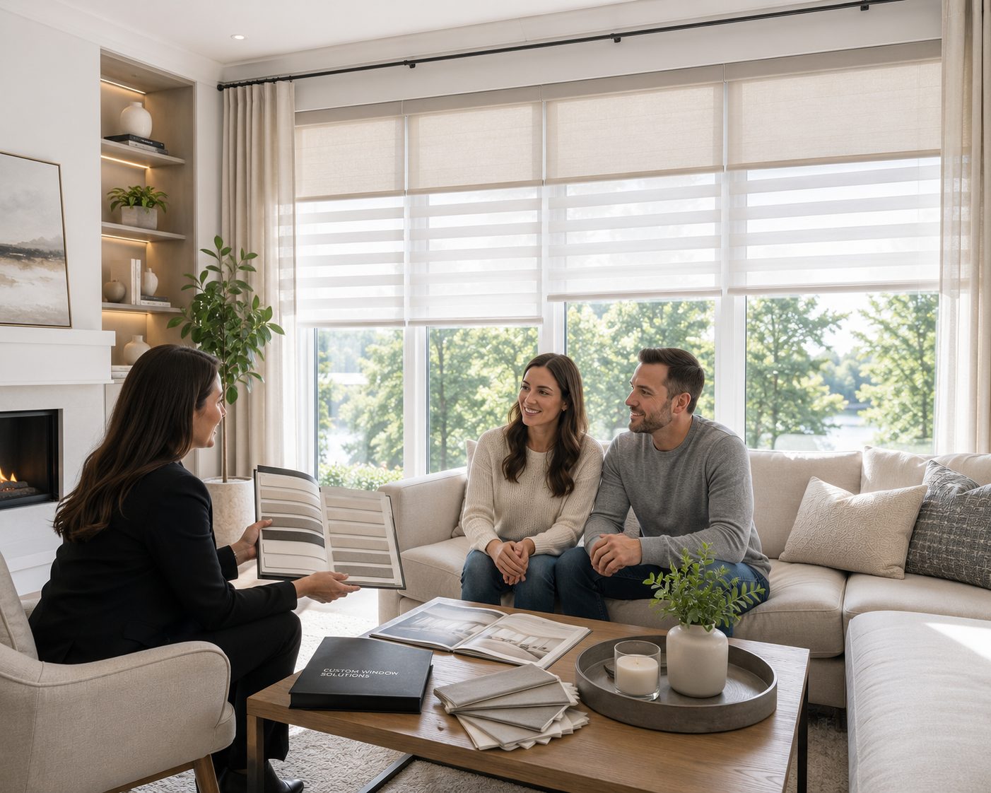 Bright living room with layered window shades during an in-home consultation