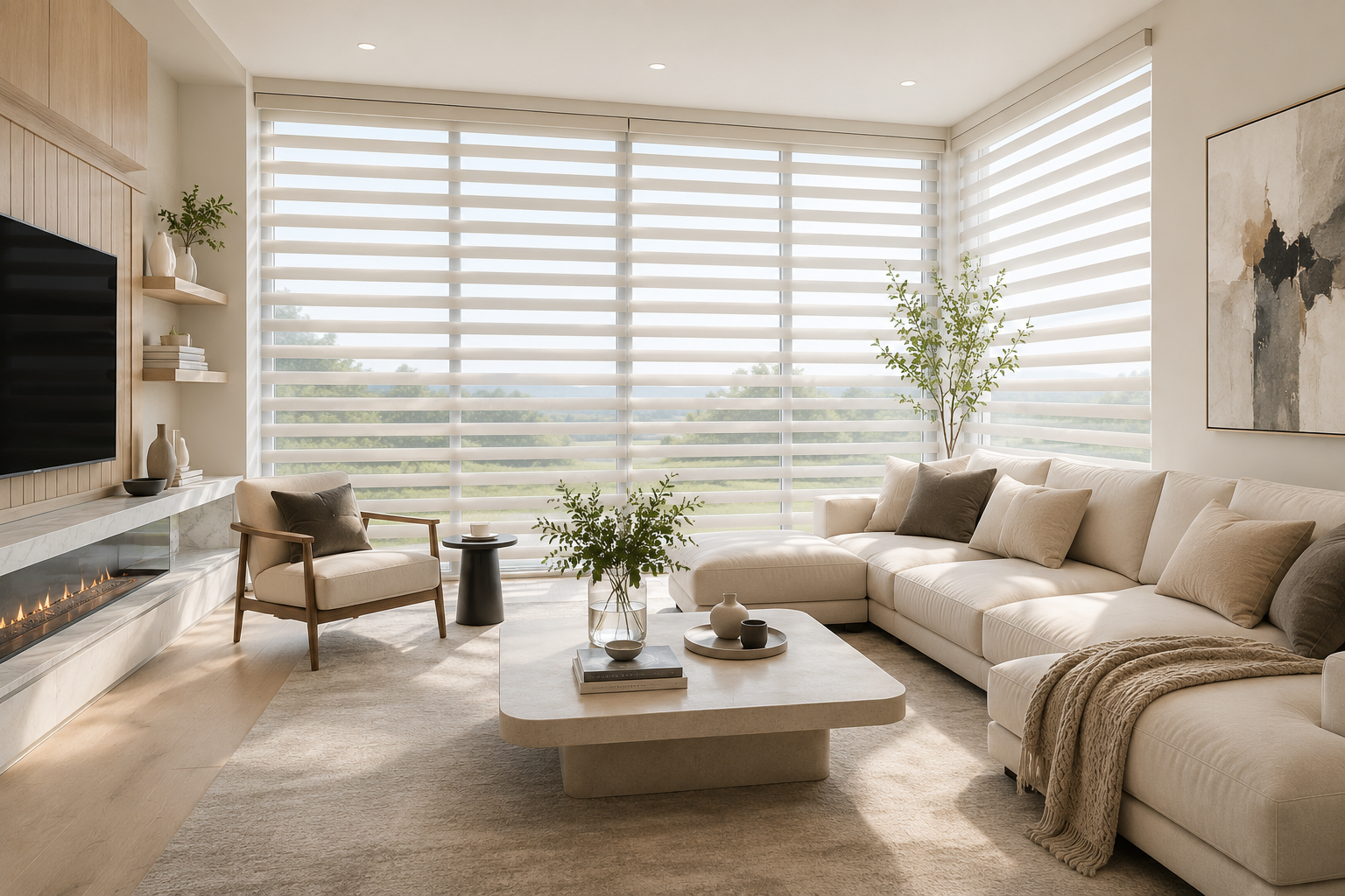 Bright living room with layered sheer shades on floor-to-ceiling windows